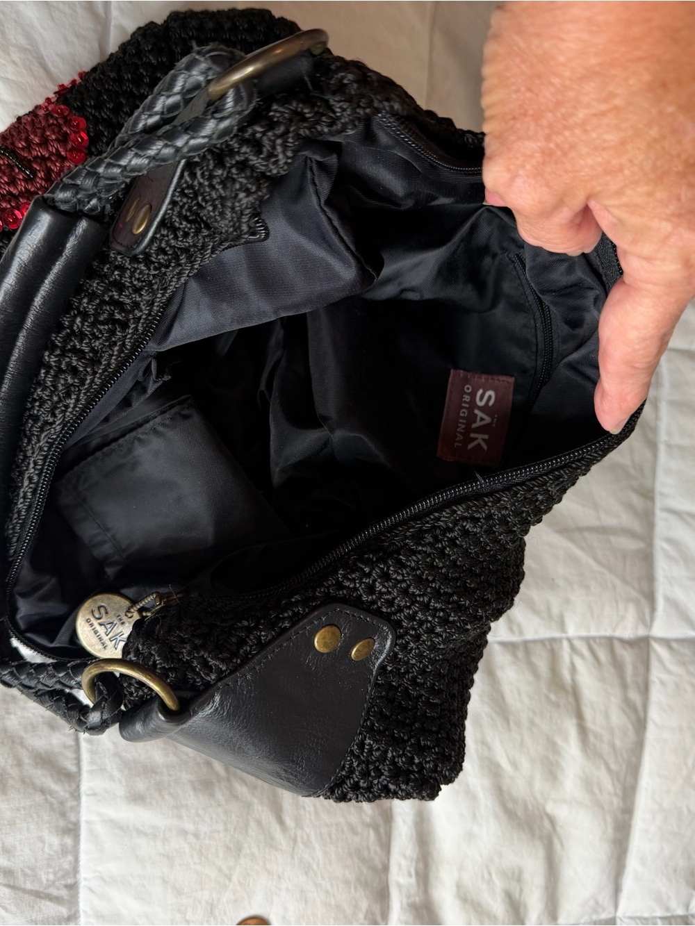 The Sak Black Crochet Shoulder Bag with Red Sequin Floral Appliqués - Picture 3 of 3